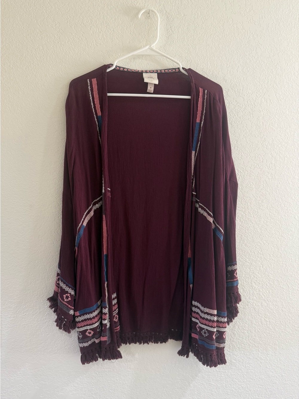 Knox Rose Burgundy Open-Front Fringe Cardigan with Accent Stripes